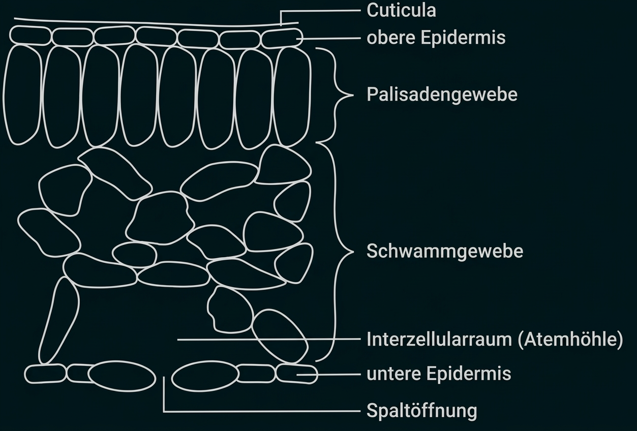 Schematischer Querschnitt durch ein Laubblatt mit beschrifteten Gewebeschichten und Spaltöffnung.